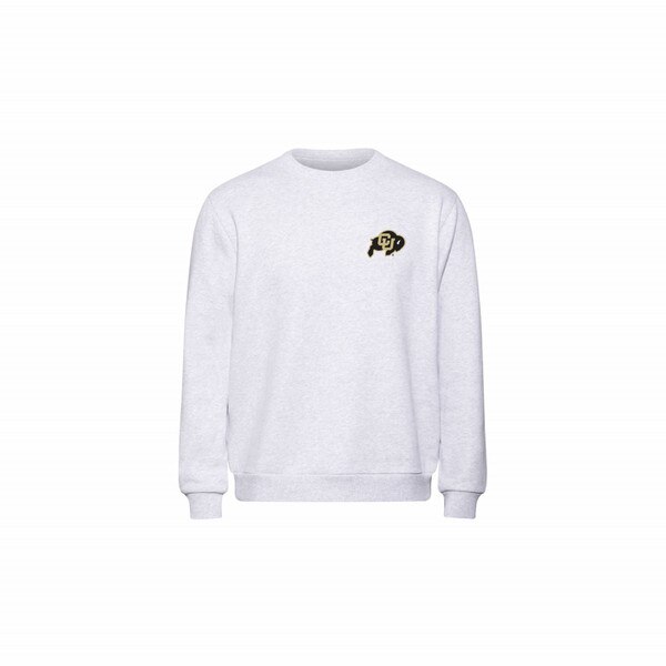 A heather gray crewneck sweatshirt with the CU Buffalo logo embroidered in black and gold on the left chest.